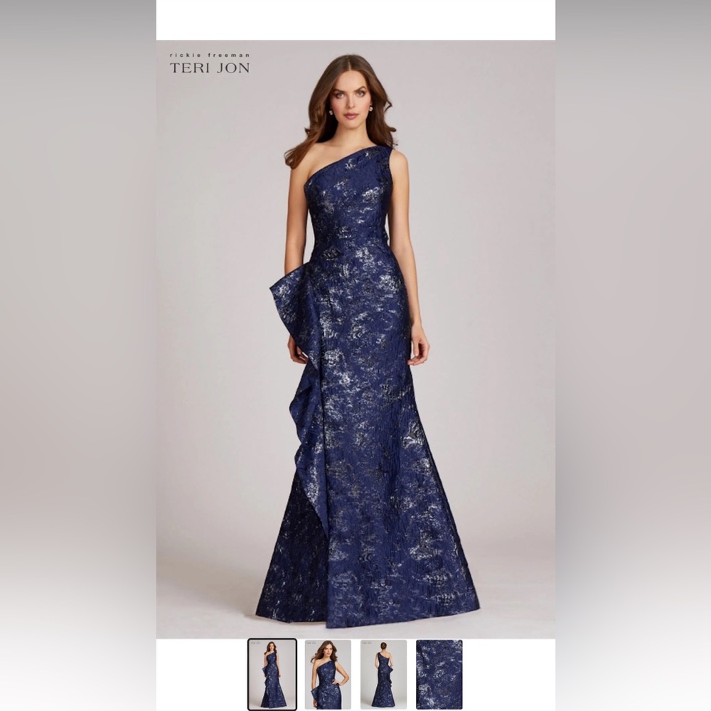 Teri Jon Jacquard One Shoulder Side Ruffle Gown